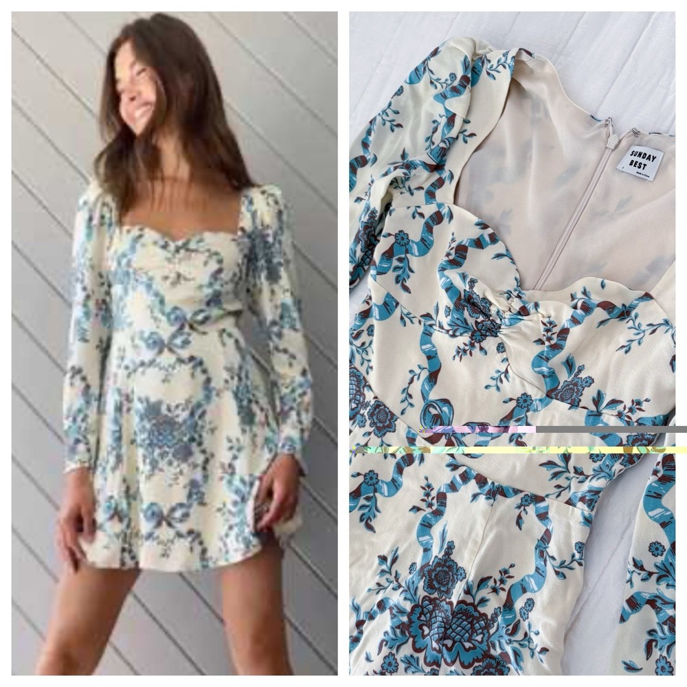 Sunday Best Aritzia Mini Dress‎ Women's 2 Small Blue Bow Floral Cottage Core